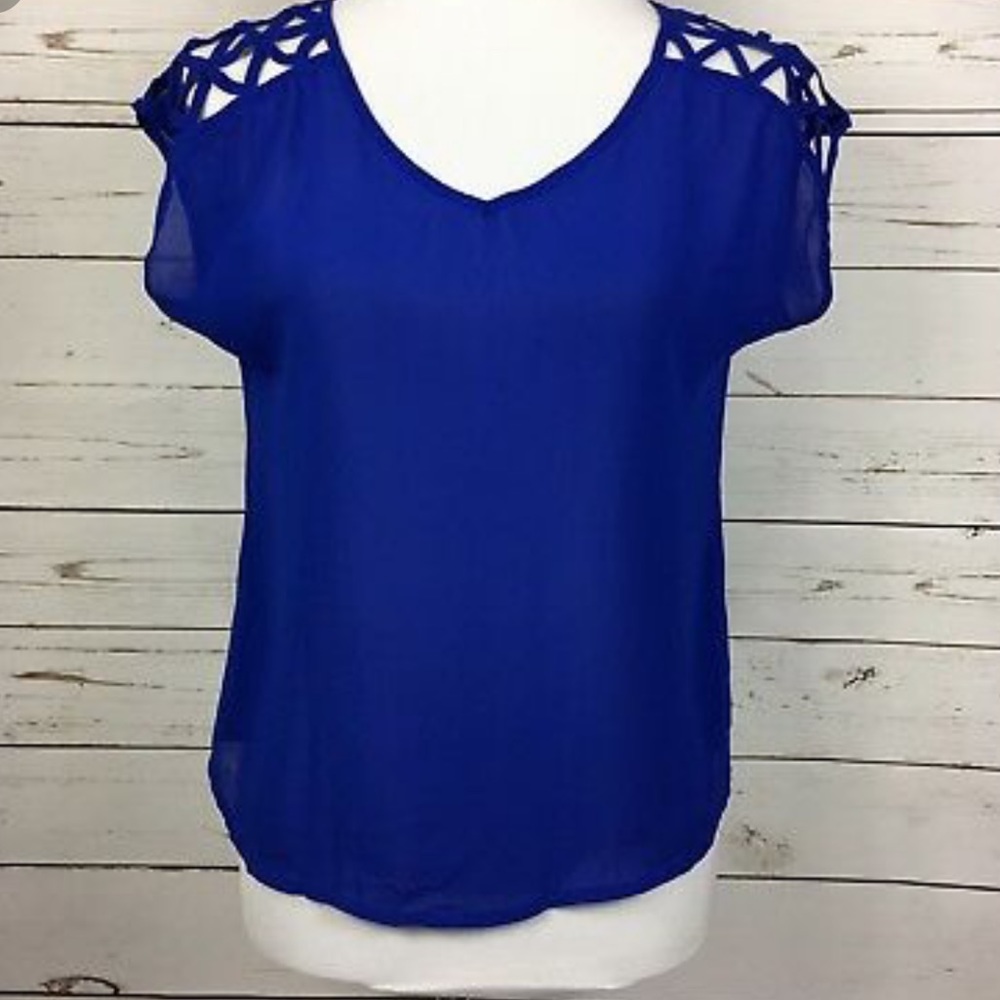 E hanger M Sheer Blue top with Cut Out criss cross shoulder design